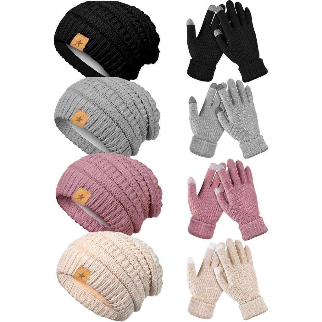 8 Pieces Women Winter Hats And Gloves Set Women Warm Touchscreen Knitted Lined G